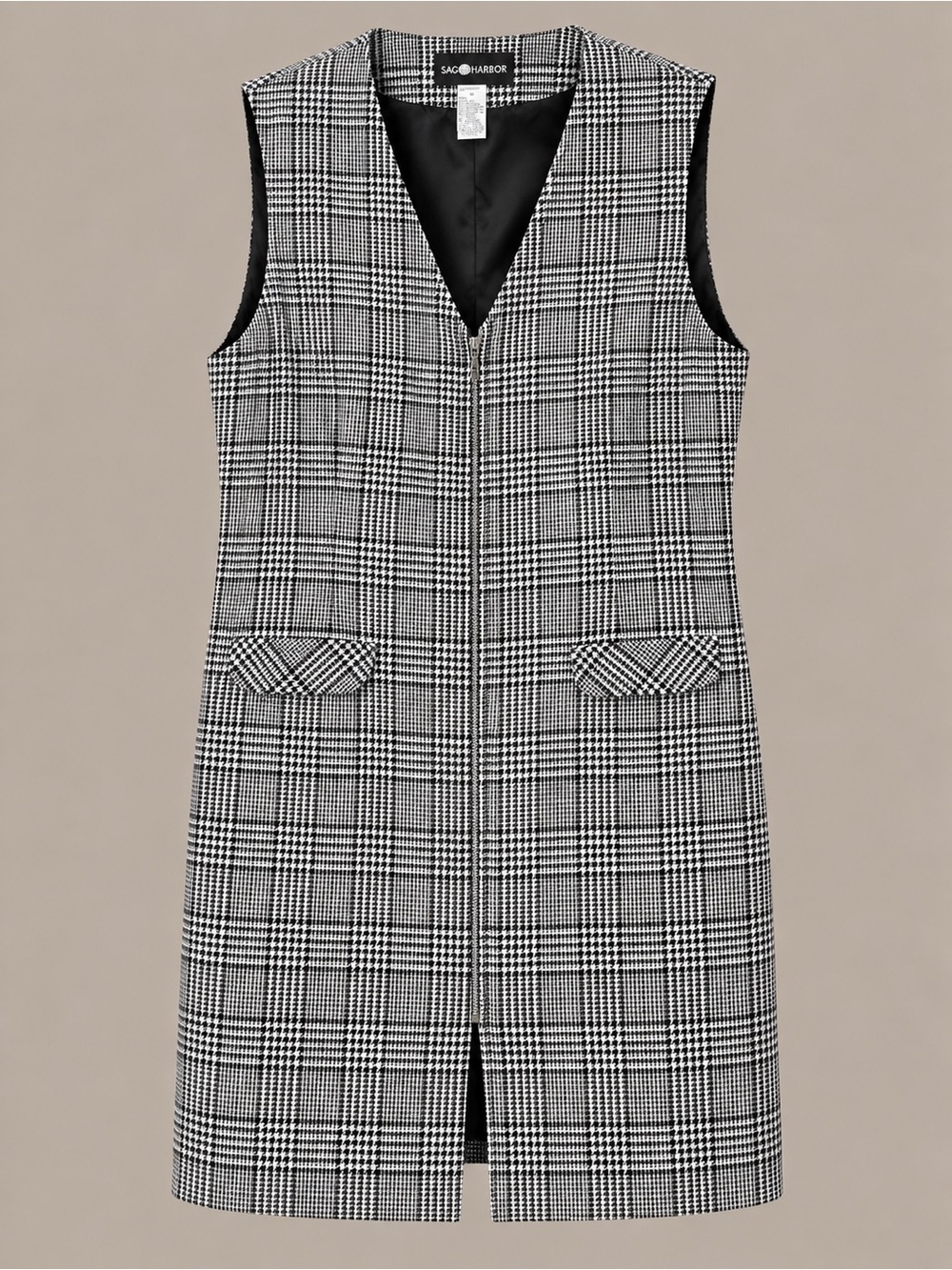 Sag Harbor Black and White Glen Plaid Zip-Front Sleeveless Shift